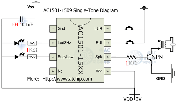 單音片系列蘭花草音樂芯片應(yīng)用電路: